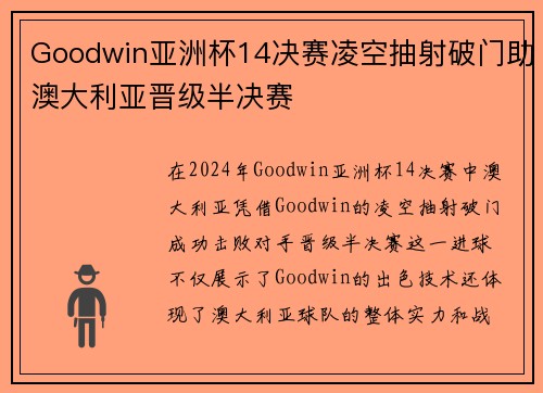 Goodwin亚洲杯14决赛凌空抽射破门助澳大利亚晋级半决赛